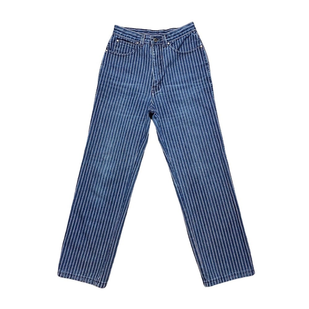Vintage Sergio Valente High Rise Pin Stripe Straight Leg Cropped Indigo Jean - Picture 2 of 6